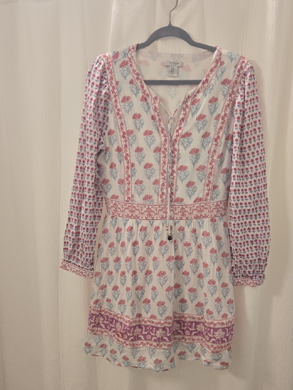 Haute Hippie White Floral Boho Tassel Dress with Pink & Light Blue Print